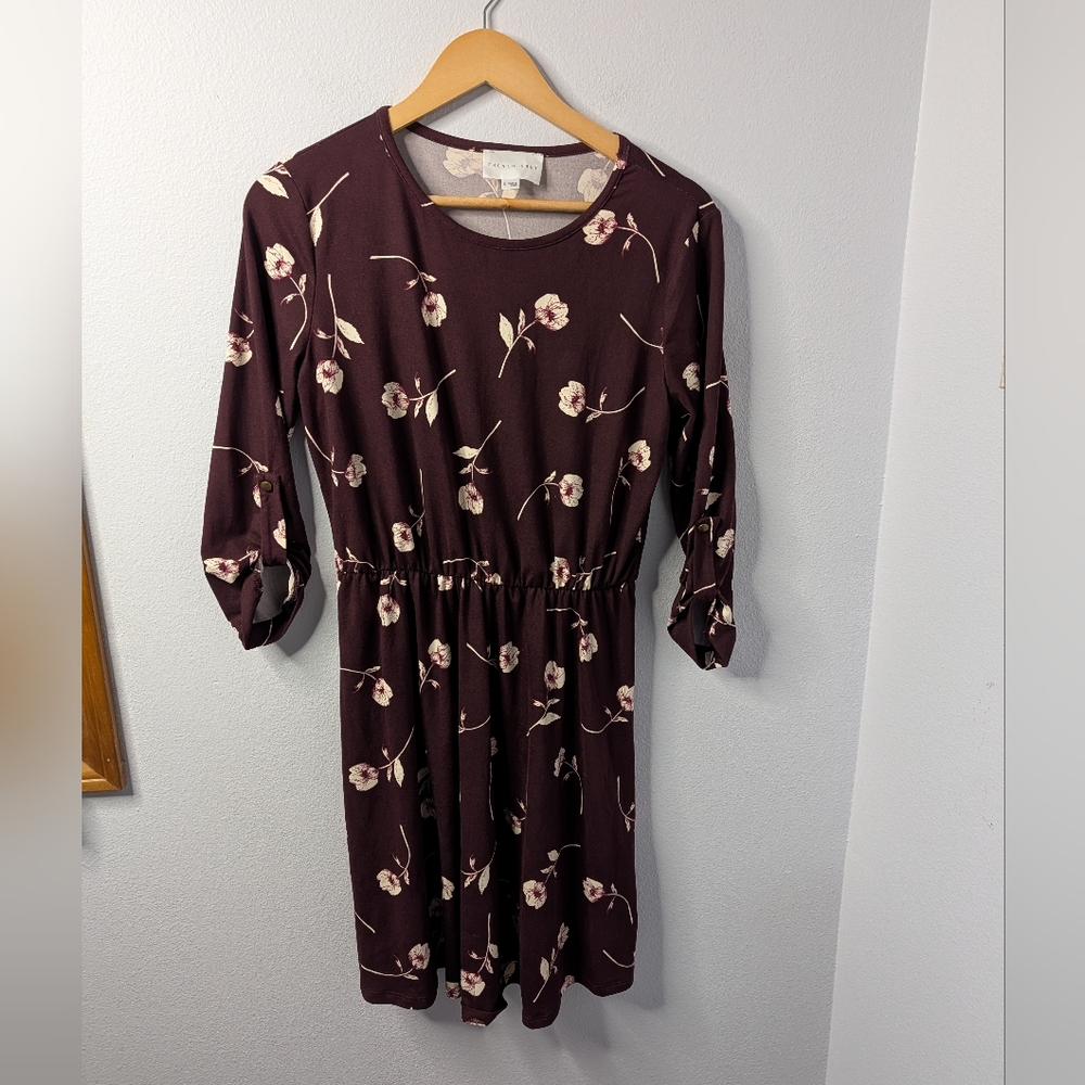 French Grey Floral Midi Dress Burgundy Size M